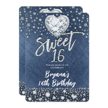 denim & bling diamonds sweet 16 birthday party invitation