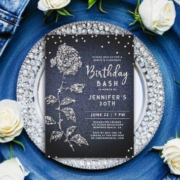 denim diamond bling rose indigo blue 30th birthday invitation