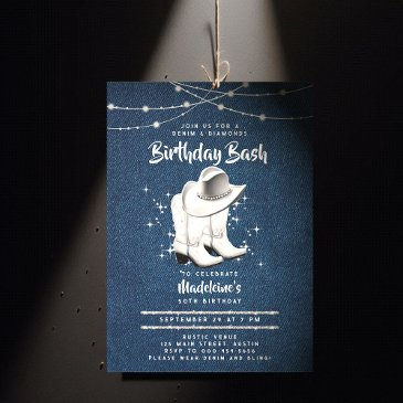 denim diamond cowgirl hat boots chic 50th birthday invitation