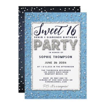 denim diamond glitter frame sweet 16 party girly invitation