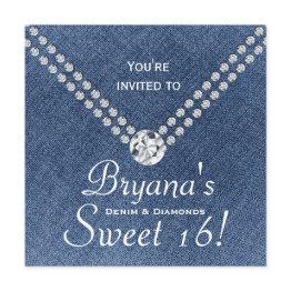 Small Denim Diamonds Bling Envelope Sweet 16 Invitation Front View