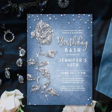 denim diamonds bling rose white blue 30th birthday invitation
