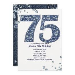 Small Denim & Diamonds Bling Sparkle 75th 75 Birthday Invitation Front View