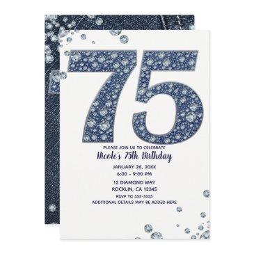 denim & diamonds bling sparkle 75th 75 birthday invitation