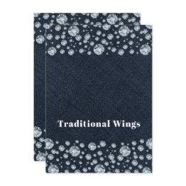 Small Denim & Diamonds Bling Sparkle Table Food Tent Invitation Front View