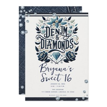 denim & diamonds embroidered floral sweet 16 invitation