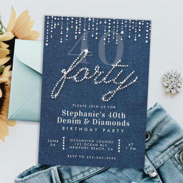 denim diamonds glitter drips 40th birthday party invitation