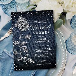 Small Denim Diamonds Glitter Rose Blue Bridal Shower Invitation Front View
