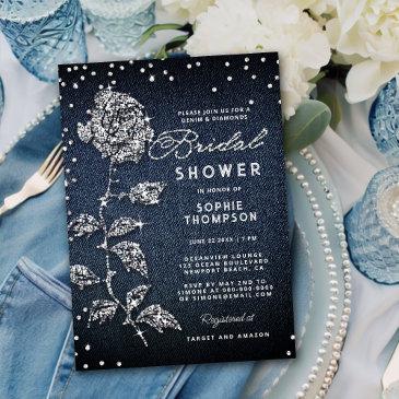 denim diamonds glitter rose blue bridal shower invitation