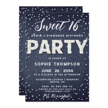 denim diamonds glitter sweet 16 birthday party invitation