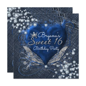 denim & diamonds heart sweet 16 party invitations