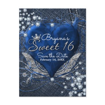 denim & diamonds heart sweet 16 party save date announcement postinvitations