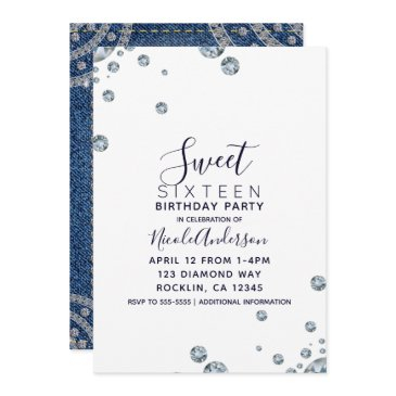 denim & diamonds jean birthday sweet 16 party invitation