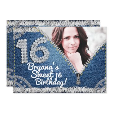 denim & diamonds jean zipper sweet 16 photo party invitation
