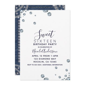 denim & diamonds leather birthday sweet 16 party invitation