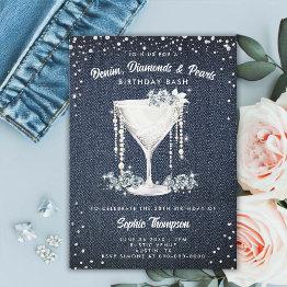 Small Denim Diamonds Pearls Champagne Cup Birthday Party Invitation Front View