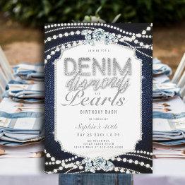 Small Denim Diamonds Pearls Frame 40th Birthday Party Invitation Front View