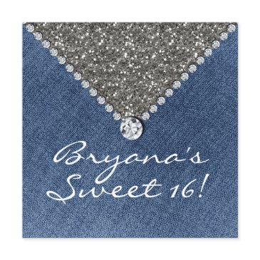 denim diamonds silver glitter sweet 16 invitation