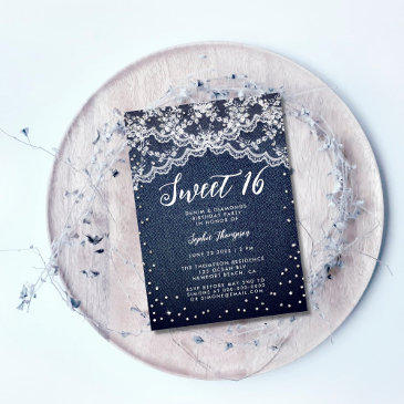 denim diamonds white lace sweet 16 birthday party invitation