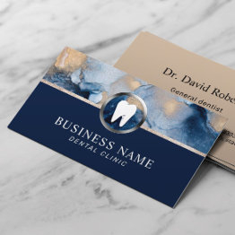 Small Dentist Modern Navy Blue & Gold Dental Office Business Invitations Front View