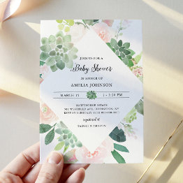 Small Devon Greenery Succulent Baby Shower Invitation Front View