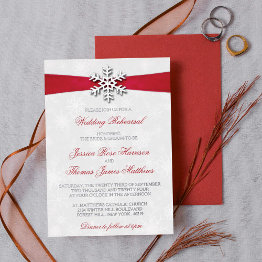 Small Diamante Snowflake & Red Ribbon Winter Wedding Foil Invitation Front View