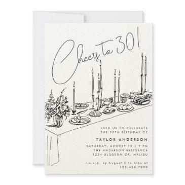 dinner table cheers drawing 30th birthday party invitation