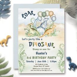 Small Dinosaur Boy Blue Green Pastel Custom 1st Birthday Invitation Front View