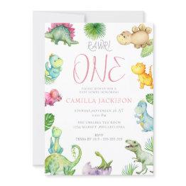Small Dinosaur First Birthday Baby Girl Invitation Front View