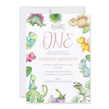 dinosaur first birthday baby girl invitation