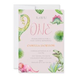 Small Dinosaur First Birthday Baby Shower Invitation Front View