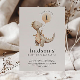 Small Dinosaur First Birthday Invitation Balloon Front View
