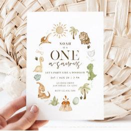 Small Dinosaur One-a-saurus 1st Birthday Invitation Front View