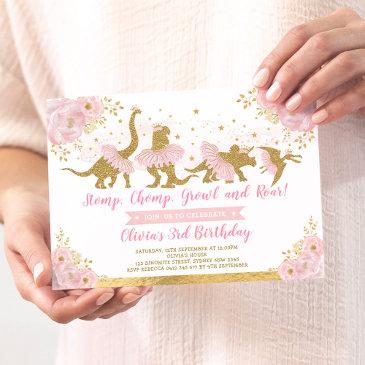 dinosaur princess ballerina pink floral birthday invitation