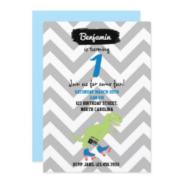 Small Dinosaur Roller Skating Holding Radio Birthday Invitation Front View