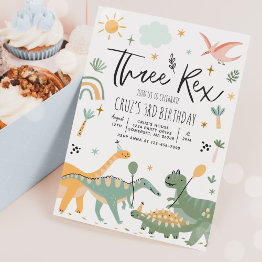 Small Dinosaur Three Rex 3rd Birthday Party Invitation Front View