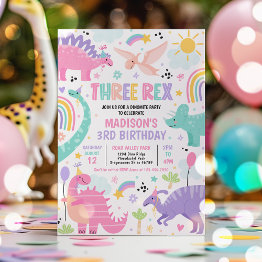 Small Dinosaur Three Rex 3rd Birthday Party Invitation Front View