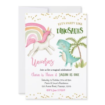 dinosaurs and unicorns sibling birthday invitation