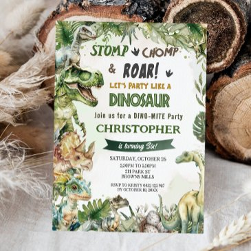dinosaurs jurassic birthday party stomp chomp roar invitation