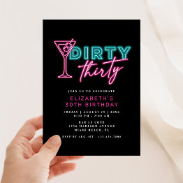 Small Dirty Thirty Neon Blue & Pink 30th Birthday Invitation Front View