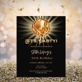 Small Disco Black Gold 50th Birthday Invitation Front View