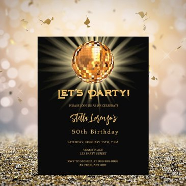 disco black gold 50th birthday invitation