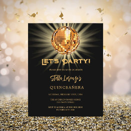 Small Disco Black Gold Quinceanera Budget Invitation Front View