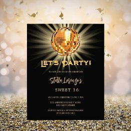 Small Disco Party Black Gold Sweet 16 Budget Invitation Front View