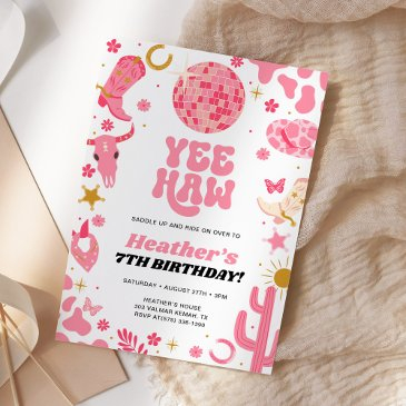 disco space pink cowgirl western birthday invitation