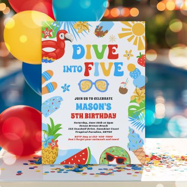 dive into five tropical beach 5th birthday party invitation