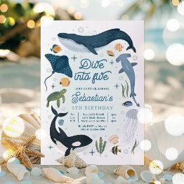 Small Dive Into Five Under The Sea 5th Birthday Invitation Front View