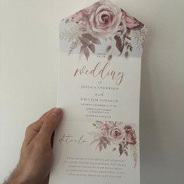 Small Divine Blush Dusty Rose Floral Wedding All In One Invitation Front View