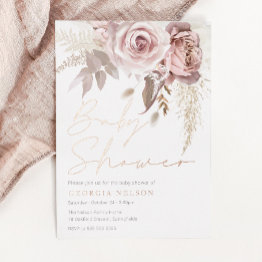 Small Divine Rose Gold Blush Floral Baby Shower Foil Invitation Front View