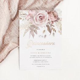 Small Divine Rose Gold Blush Floral Quinceanera Foil Invitation Front View